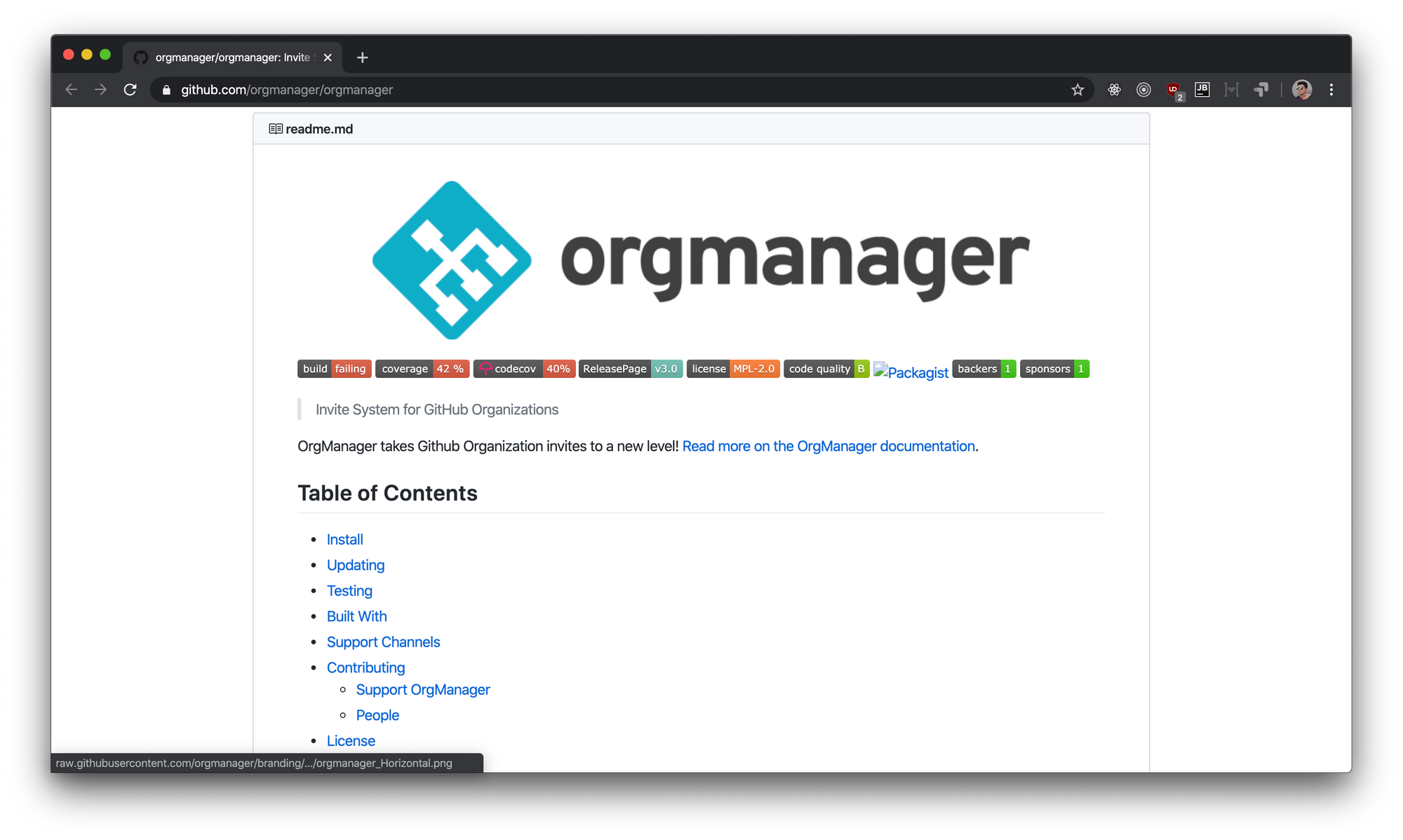 A screenshot of the OrgManager GitHub page