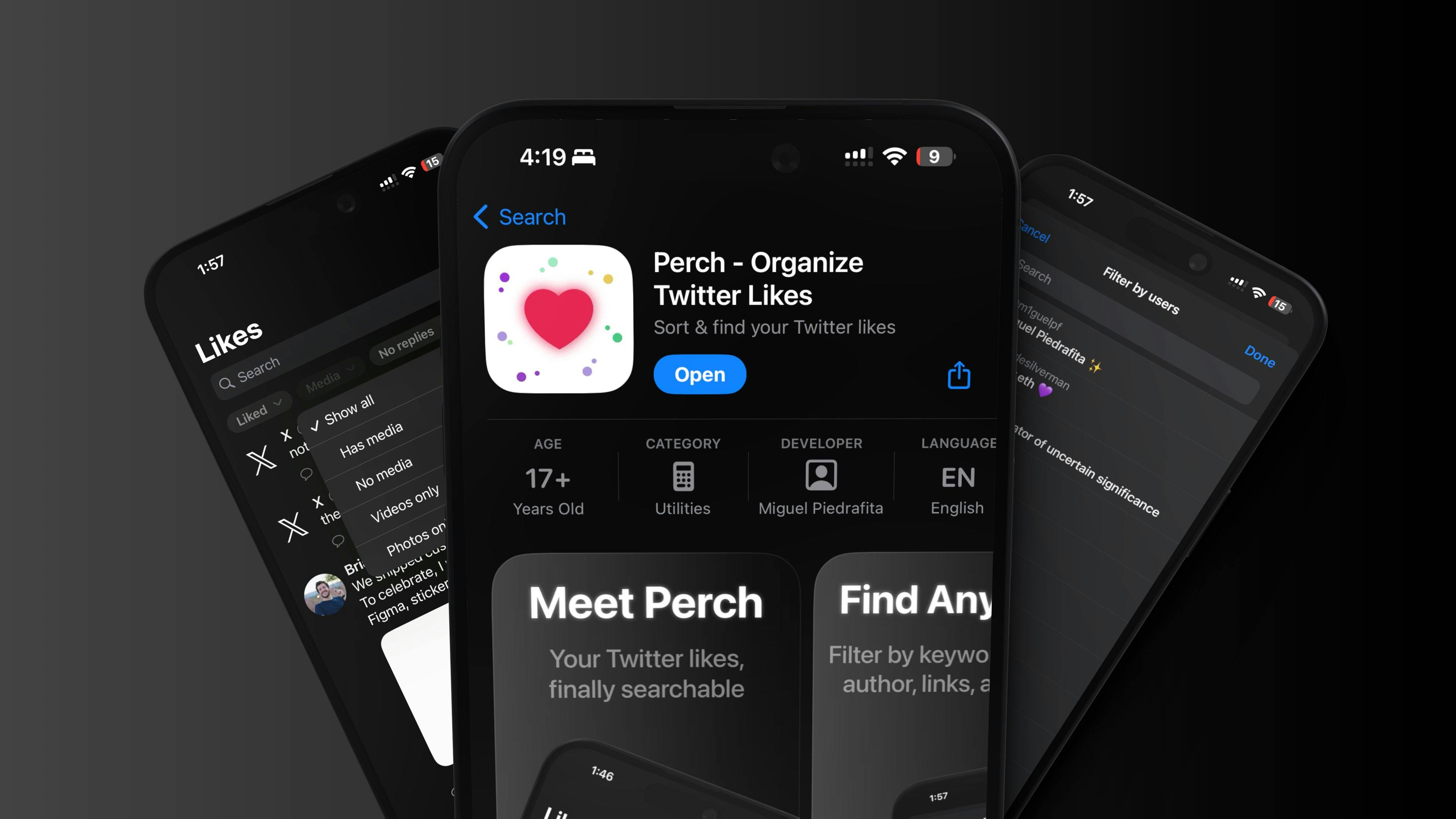 Promotional image for Perch – a refreshingly simple app for managing your Twitter likes, designed to make finding "that one tweet" a breeze.